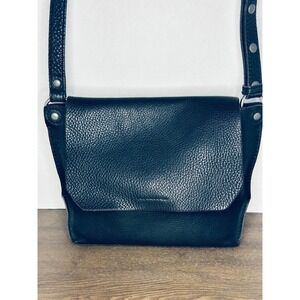 ECCO Black Pebbled Leather Crossbody Flap Bag Silver Stud Adjustable Strap